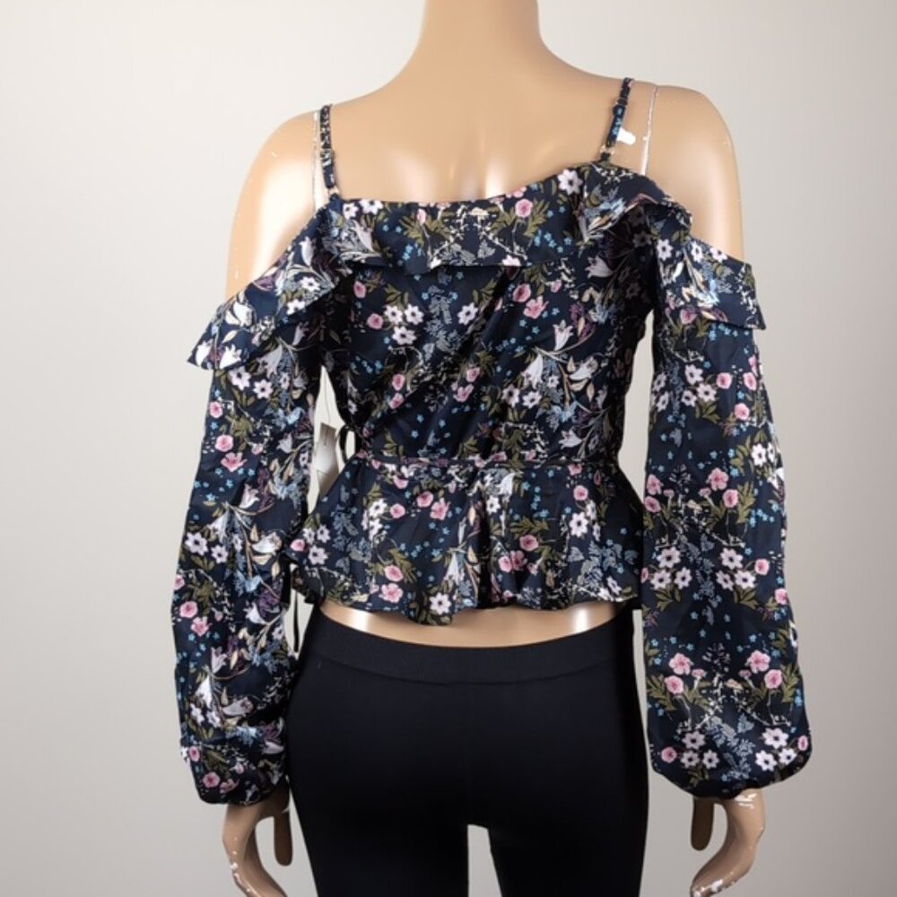 NEW Design Lab Floral Cold Shoulder Wrap Top Long Sleeve Ruffle Lord & Taylor - Picture 8 of 14